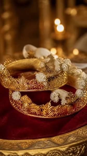Two gold Orthodox wedding crowns resting on red velvet